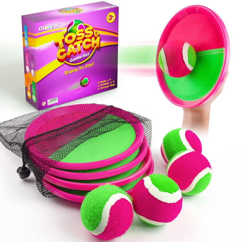 Qrooper Kids Outdoor Toys - Toss and Catch Game Set, Outside Yard Camping Beach Pool Toys Games for Boys Girls 3 4 5 6 7 8 9 10 Year Old, 4 Paddles 4 Balls (Pink+Pink) - Image 1